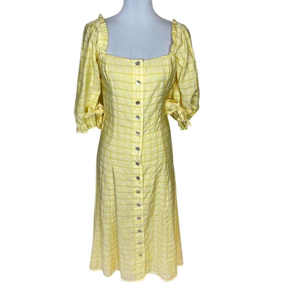 Cottagecore Coquette Midi Dress Puff Sleeve Butter Yellow Plaid Size XS